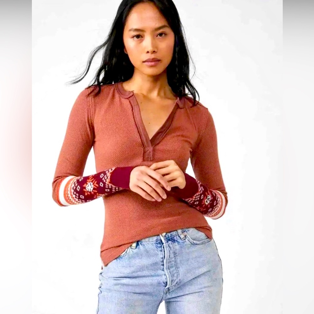 FreePeople Mikah Layering Cuff Knit Top Shirt  Autumn Boho Size L